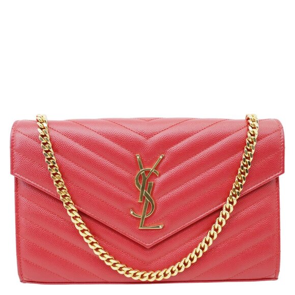 Yves Saint Laurent  Envelope Grain De Poudre Chevron Leather Wallet On Chain Red - Picture 1 of 13